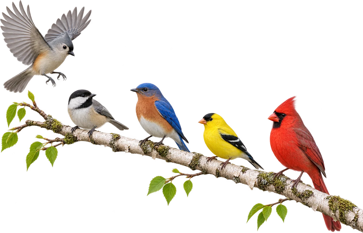 A cardinal, goldfinch, bluebird and chickadee perched together on a birch branch (AI illustration)