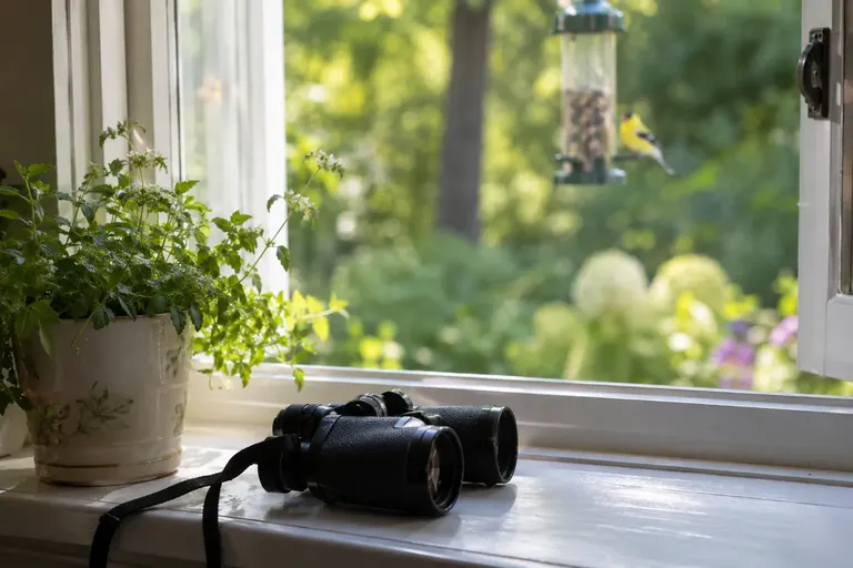 Binoculars on a kitchen windowsill looking out at a tube feeder with an American Goldfinch (AI illustration)