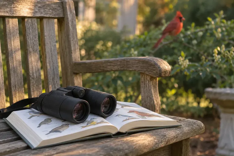 Binoculars and an open field guide on a garden bench with a Northern Cardinal perched on a nearby shrub (AI illustration)