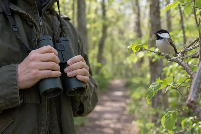 Person's hands holding a pair of binoculars at chest height beside a wooded trail (AI illustration)