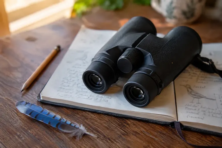 Close view of the focus wheel and eyepieces of a pair of binoculars resting on a field notebook (AI illustration)