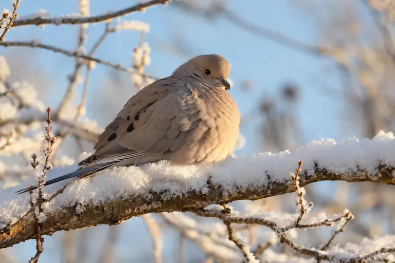 A Mourning Dove fluffed up on a snowy branch with its feet tucked into its belly feathers (AI illustration)