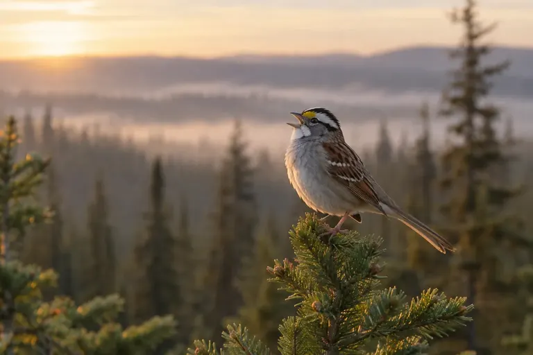 A White-throated Sparrow singing from a spruce branch in a northern forest at dawn (AI illustration)