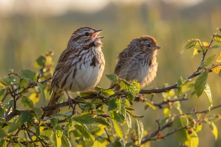 A young Song Sparrow perched on a low branch with its bill open, singing near an adult sparrow (AI illustration)