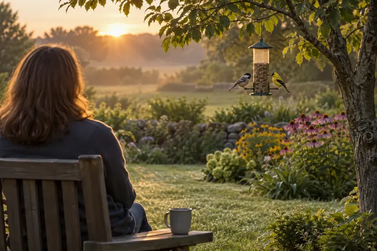 An adult seen from behind sitting on a garden bench at sunrise, watching small birds at a feeder among shrubs (AI illustration)