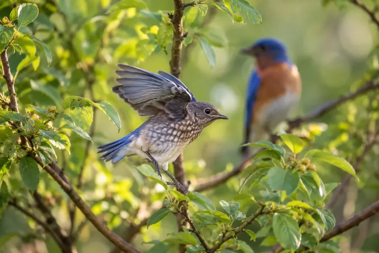 A fledgling songbird with a short tail fluttering between two low branches in a garden shrub (AI illustration)