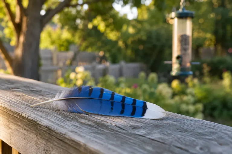 A single blue and black barred jay feather lying on a weathered wooden deck rail in sunlight (AI illustration)