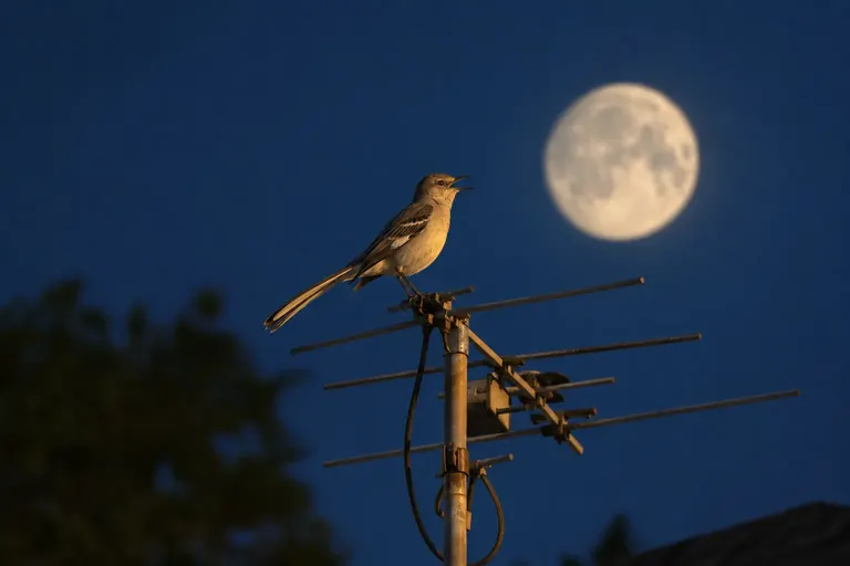 A mockingbird singing from the top of a TV antenna under a streetlight at night (AI illustration)