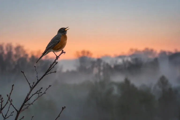 An American Robin singing from the top of a bare branch against a pale pre-dawn sky (AI illustration)