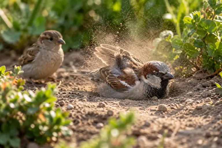 A sparrow fluttering in a shallow hollow of dry soil, throwing up a small cloud of dust in sunlight (AI illustration)