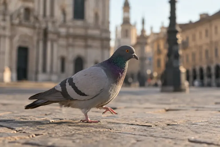 A Rock Pigeon walking across a sunlit stone plaza, captured mid-stride with its head pushed forward (AI illustration)