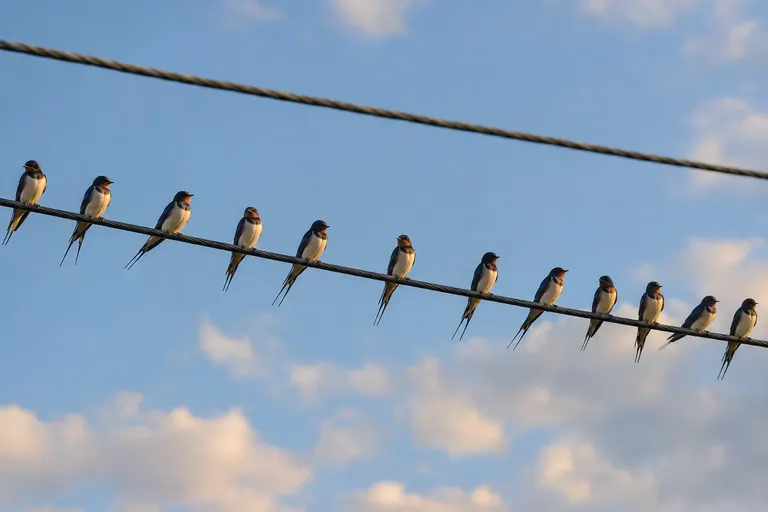 A row of swallows perched along a single overhead power line against a pale sky (AI illustration)