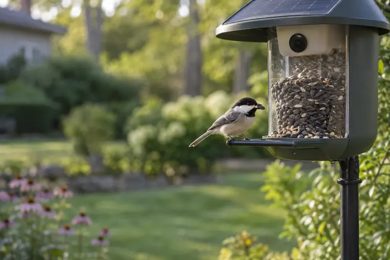 A smart bird feeder with a built-in camera and solar roof hanging in a garden with a chickadee on the perch (AI illustration)