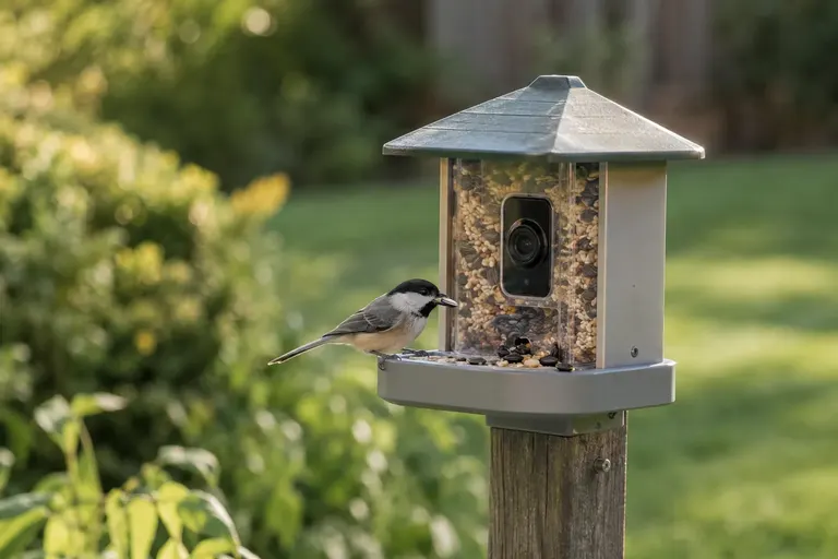 A small plastic camera bird feeder on a wooden post with a chickadee perched at the seed tray (AI illustration)