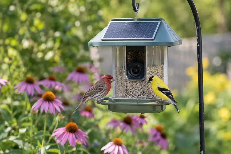 Camera bird feeder hanging in a garden with a House Finch and an American Goldfinch eating seed (AI illustration)