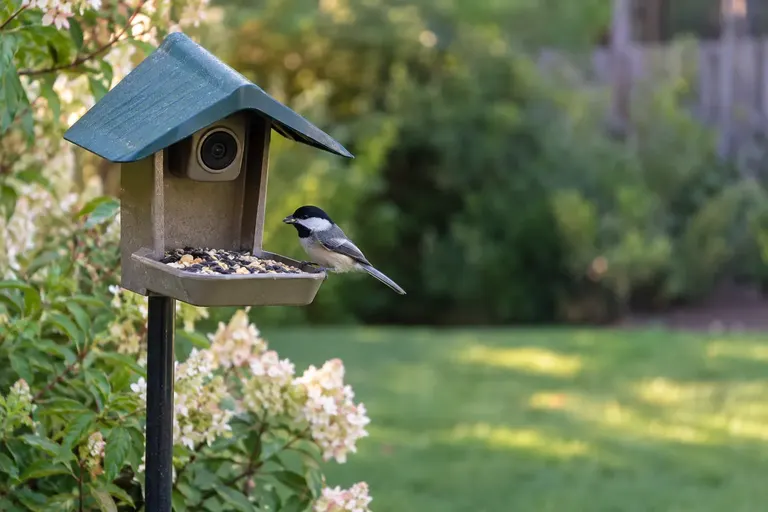 A camera bird feeder mounted on a pole in a backyard with a chickadee perched at the seed tray (AI illustration)