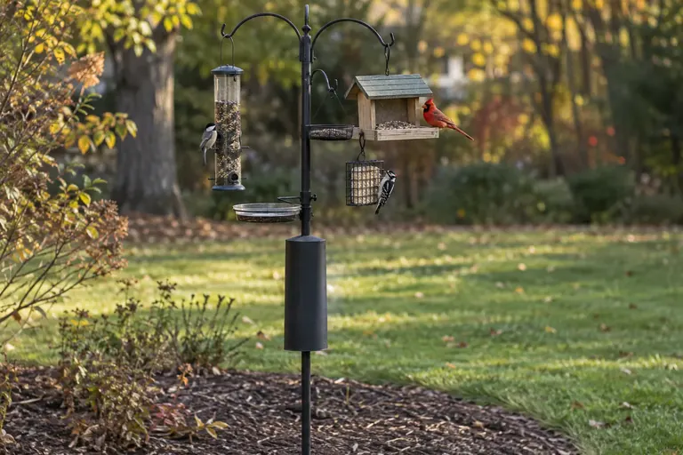 Black steel multi-arm bird feeding station in a lawn with a tube feeder, a hopper, a suet cage and a small water dish, songbirds perched on the arms (AI illustration)