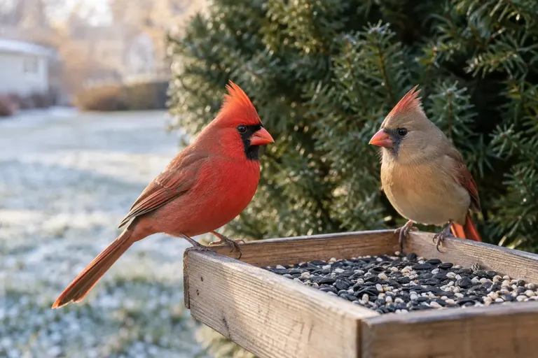 Male and female Northern Cardinals eating sunflower seed on a wooden platform feeder beside a dense shrub (AI illustration)