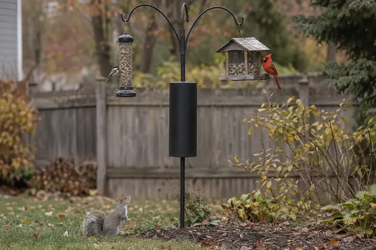 Black steel multi-arm bird feeder pole with a cylinder baffle standing in an open garden bed, several feeders hanging from the arms (AI illustration)