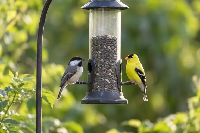 Clear tube bird feeder with metal ports and chickadees and goldfinches feeding in a leafy backyard (AI illustration)