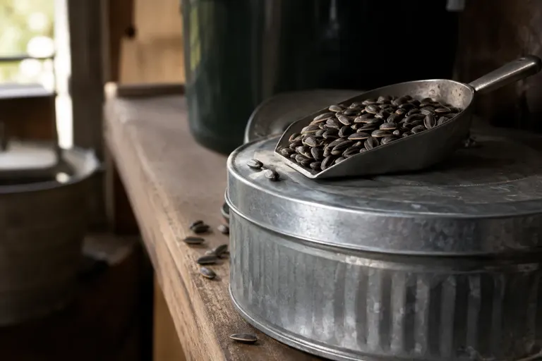 A scoop of fresh black sunflower seed beside a sealed metal storage bin in a garage (AI illustration)