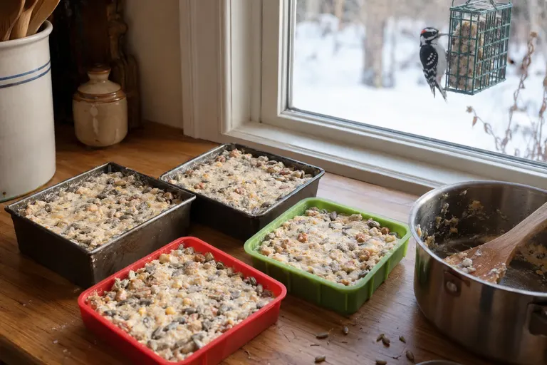 Homemade suet cakes studded with seeds cooling in square molds on a wooden kitchen counter (AI illustration)