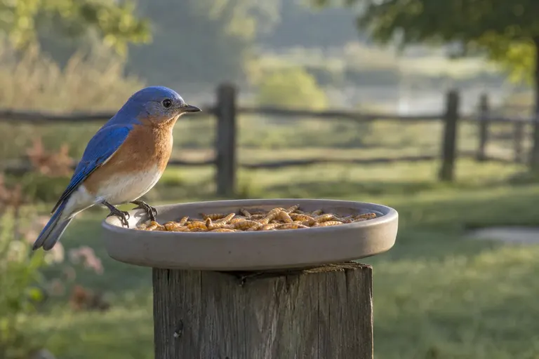 Eastern Bluebird perched on the rim of a small dish filled with dried mealworms (AI illustration)