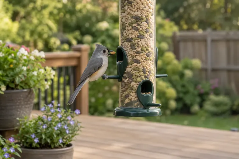 A clean wooden deck under a hanging bird feeder filled with shelled sunflower kernels and nut pieces (AI illustration)