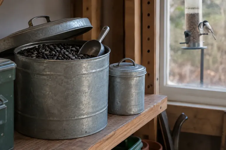 A galvanized metal can with a tight lid holding bird seed on a shelf in a dry garage (AI illustration)