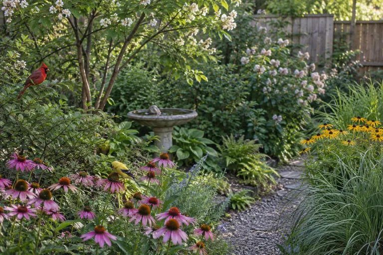 Un petit jardin étagé avec arbustes indigènes, vivaces fleuries, un petit arbre et un bain d'oiseaux peu profond (illustration IA)