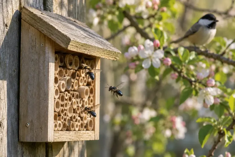 A small cedar bee house with paper nesting tubes mounted on a sunny garden fence beside spring flowers (AI illustration)