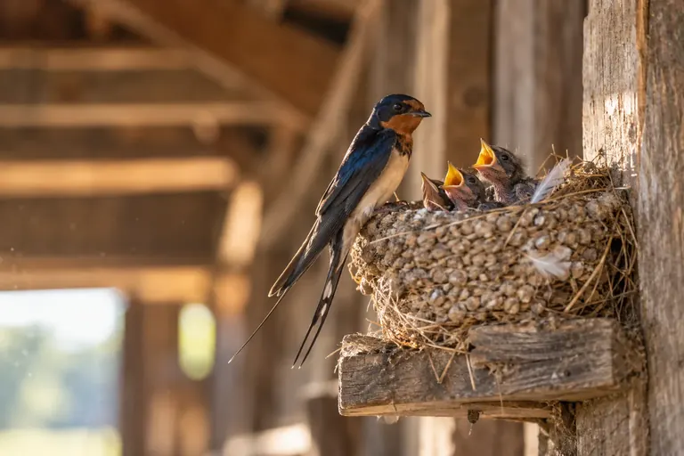 Barn Swallow perched on the rim of a mud nest cup fixed high on a wooden beam inside an open barn, three gaping chicks inside (AI illustration)