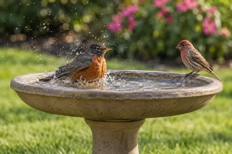 American Robin bathing in a shallow pedestal bird bath in a sunny garden with shrubs behind (AI illustration)