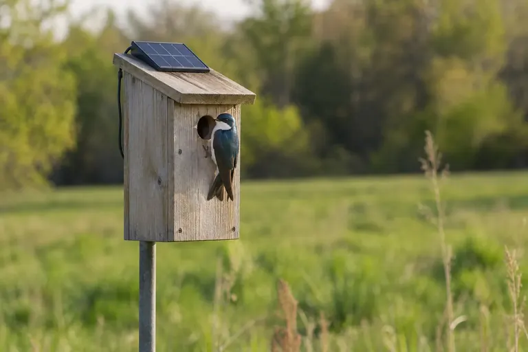 Wooden nest box with a small solar panel on the roof mounted on a pole, a Tree Swallow perched at the round entrance hole in spring (AI illustration)