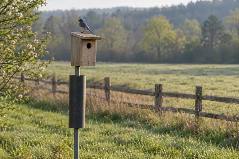 Plain wooden bluebird nest box on a metal pole with a stovepipe baffle, a male Eastern Bluebird perched on the roof at the edge of a mown field (AI illustration)
