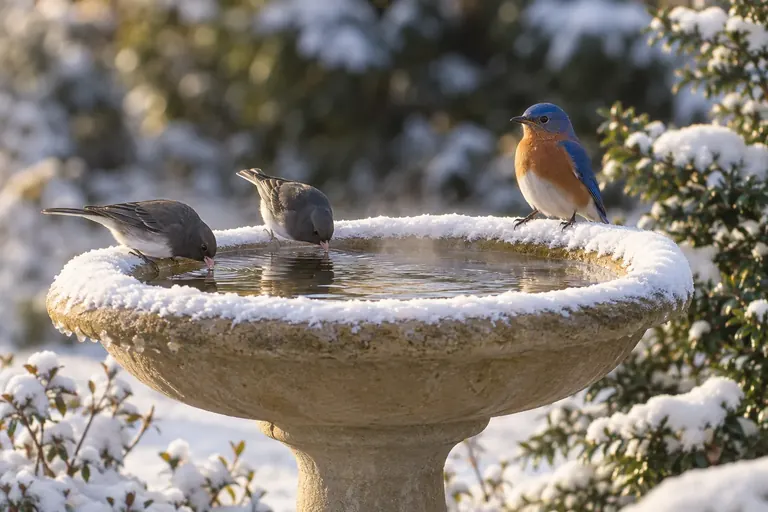 Dark-eyed Juncos drinking from a heated pedestal bird bath with open water while snow covers the garden (AI illustration)