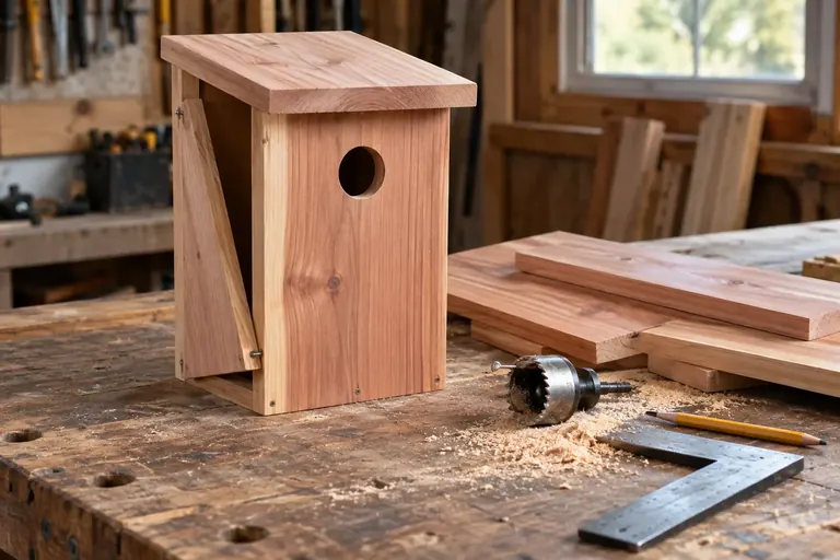 A plain unpainted cedar nest box being assembled on a workbench, with a hole saw, screws and a square beside it (AI illustration)