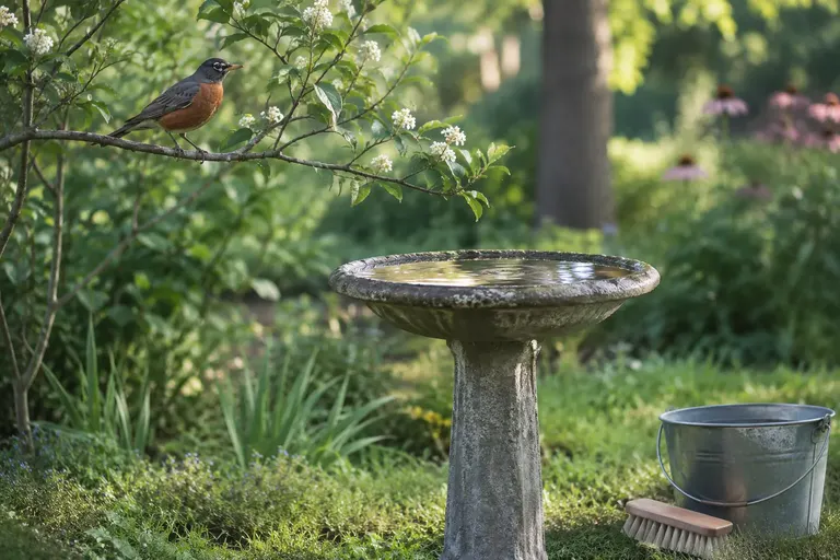 A shallow stone bird bath being scrubbed with a stiff brush, with a small songbird waiting on a nearby branch (AI illustration)