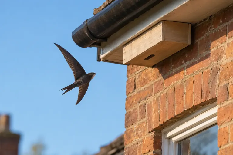 Pale wooden swift nest box fixed under the eaves of a brick house, a Common Swift flying toward the narrow slot entrance against a blue summer sky (AI illustration)
