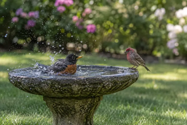 A shallow stone bird bath in dappled shade on a lawn, with shrubs a few yards behind and birds bathing (AI illustration)