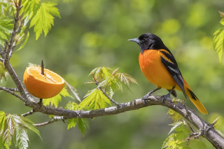 A male Baltimore Oriole perched beside a halved orange on a branch in spring (AI illustration)