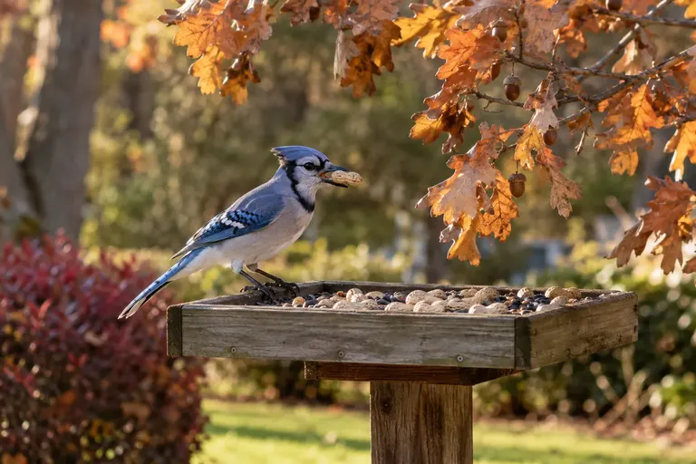 A Blue Jay picking up a whole peanut from a wooden platform feeder under an oak tree (AI illustration)