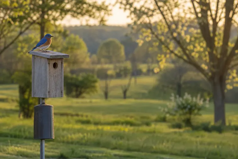 A male bluebird with deep blue back and rusty orange breast perched on top of a wooden nest box on a pole in an open field (AI illustration)