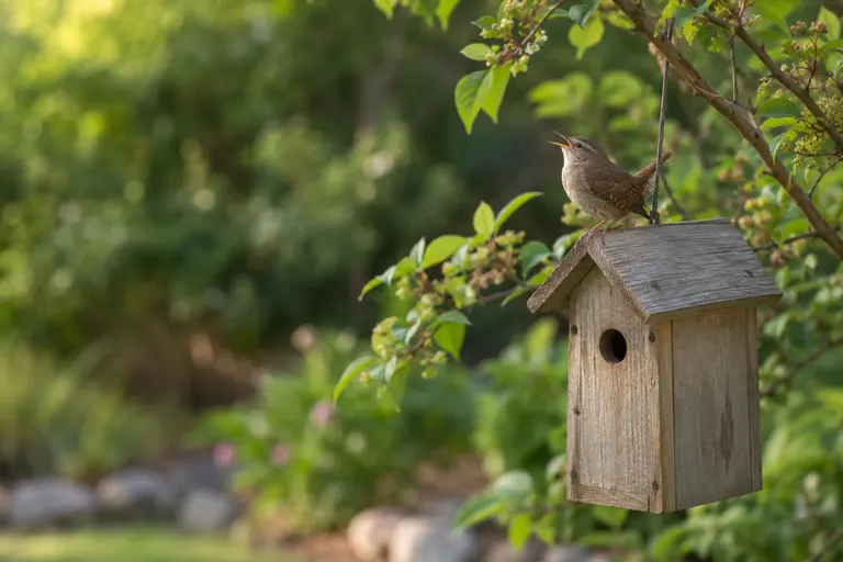 A small plain brown wren singing from the roof of a wooden birdhouse hanging in a leafy shrub (AI illustration)
