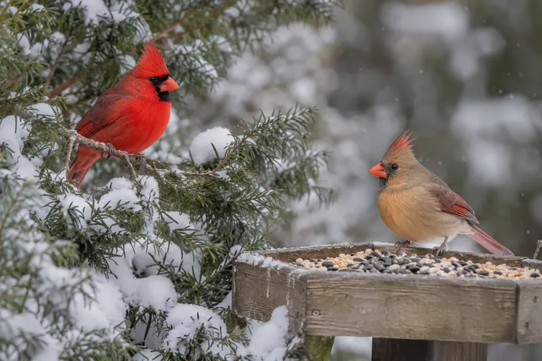 A male and female Northern Cardinal perched in a snowy shrub beside a platform feeder (AI illustration)