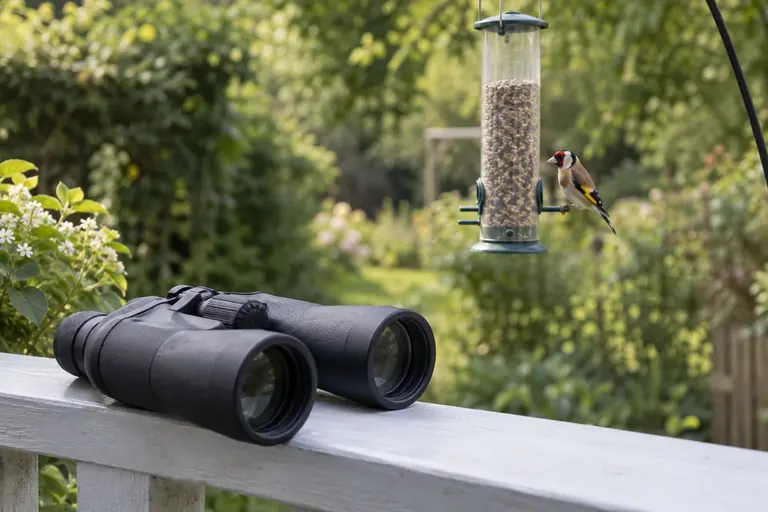 Kompaktes schwarzes Fernglas auf einem Geländer neben einem Röhrenfutterhaus, an dem ein leuchtend gelber Fink sitzt (KI-Illustration)