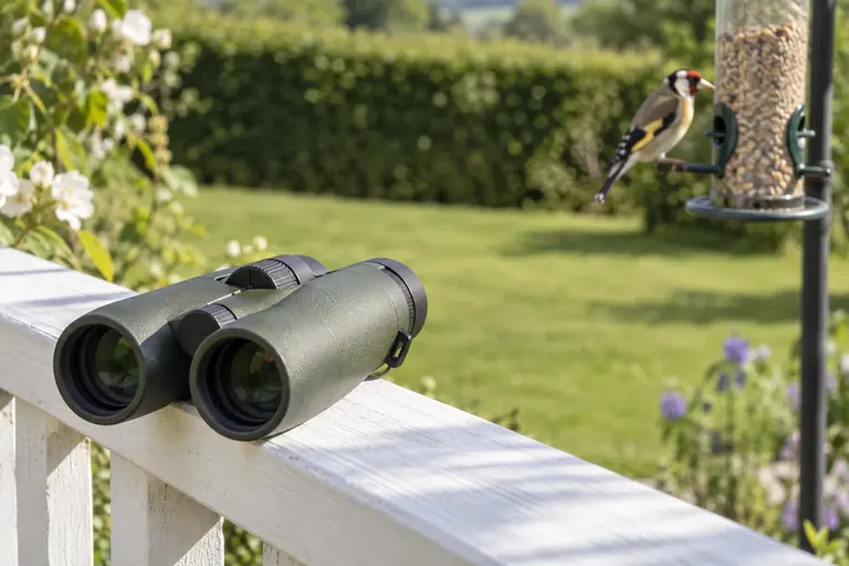 Grünes Fernglas auf einem Verandageländer mit Blick auf ein Futterhaus mit einem Stieglitz im Garten (KI-Illustration)