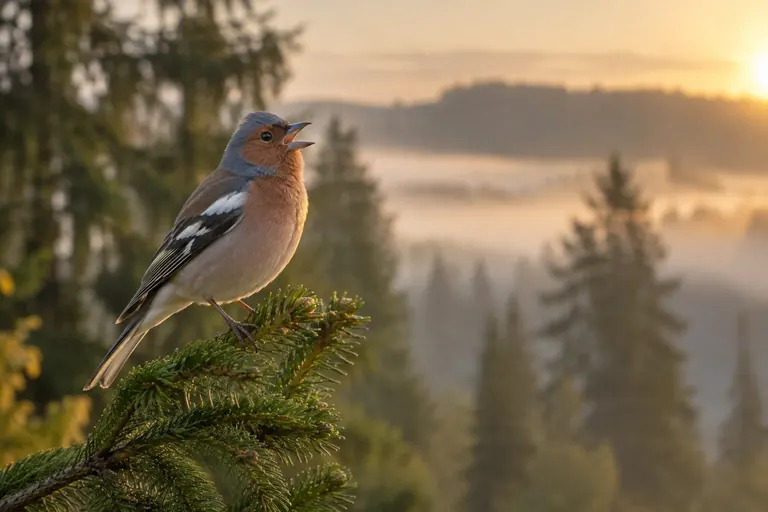 Eine singende Weißkehlammer auf einem Fichtenzweig in einem nördlichen Nadelwald in der Morgendämmerung (KI-Illustration)