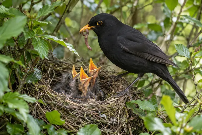 Ein Altvogel füttert Nestlinge mit weit aufgesperrten Schnäbeln in einem Napfnest in einem Strauch (KI-Illustration)