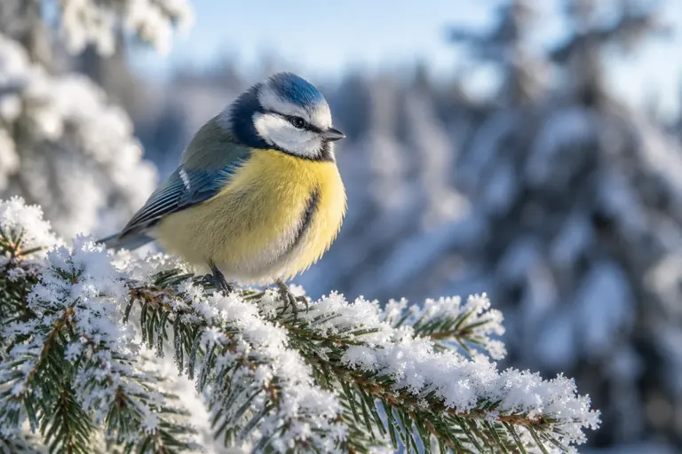 Eine aufgeplusterte Meise sitzt an einem kalten, sonnigen Wintermorgen auf einem verschneiten Fichtenzweig (KI-Illustration)